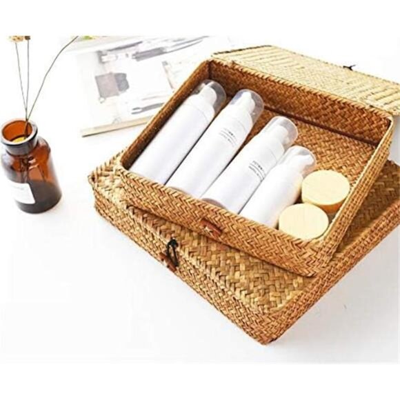 Seagrass Storage Basket Box with Lid Rectangular Woven Shelf Baskets Bins for - Picture 5 of 7